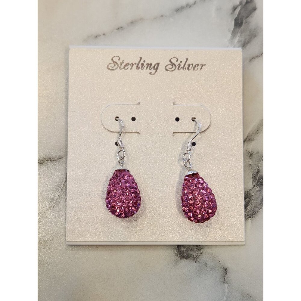 Pink Crystal Teardrop Dangle Earrings Sterling Silver Hooks